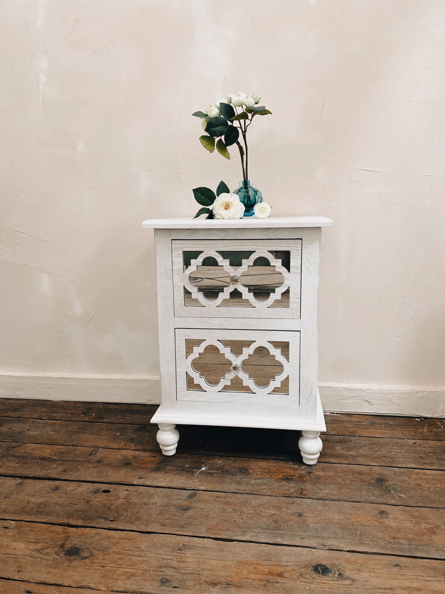 Wood Lattice Mirrored Bedside Table - White Finish