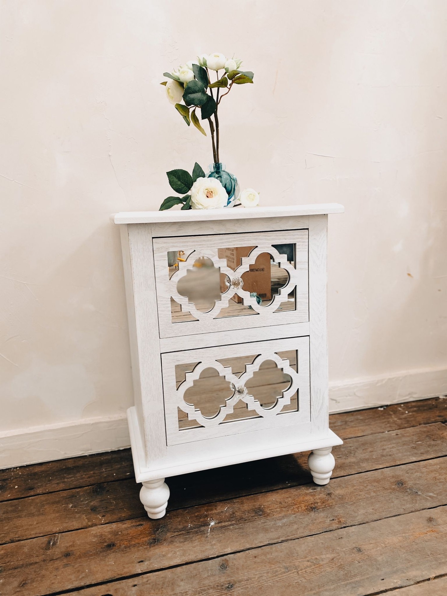 Wood Lattice Mirrored Bedside Table - White Finish