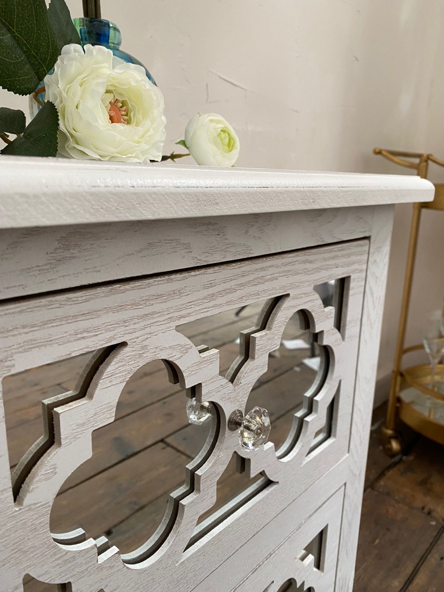 Wood Lattice Mirrored Bedside Table - White Finish