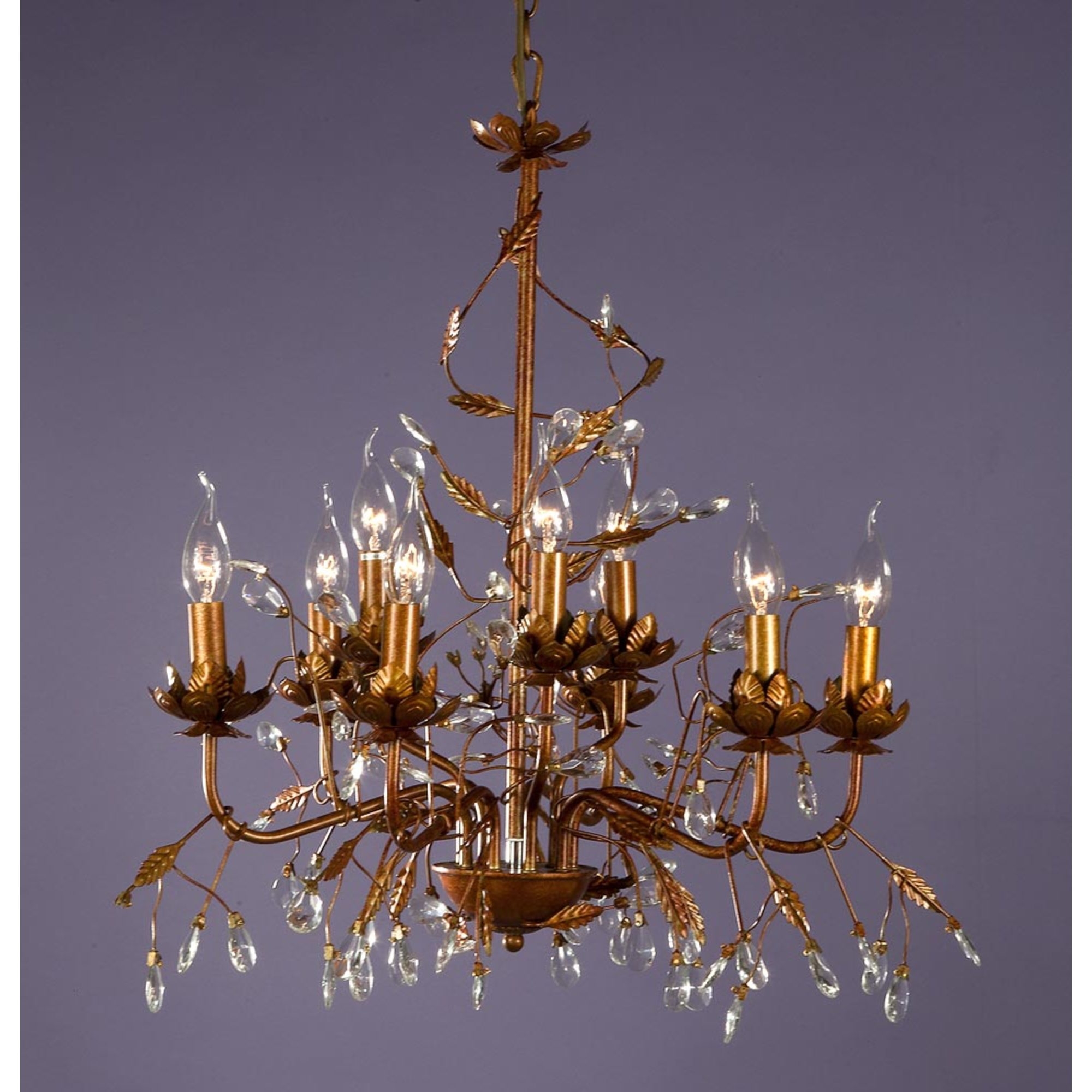 Floral 9 Light Chandelier - Antique Gold and Clear
