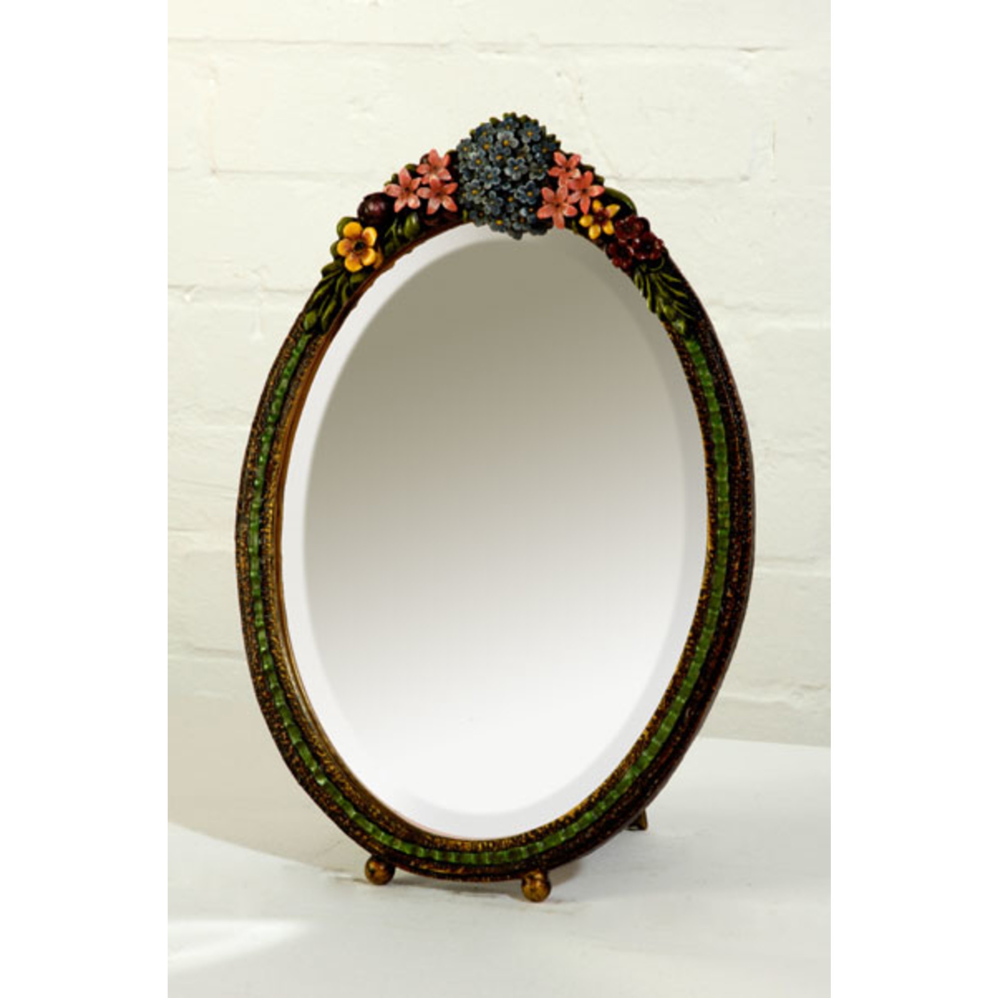 Barbola Floral Multicolour Oval Bevelled Decorative Table or Wall Mirror