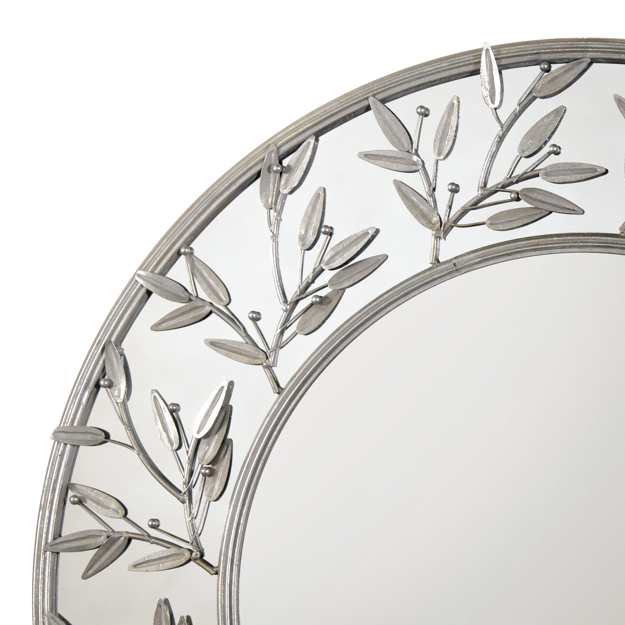Silver Floral Fretted Round Margin Metal Framed Decorative Wall Mirror