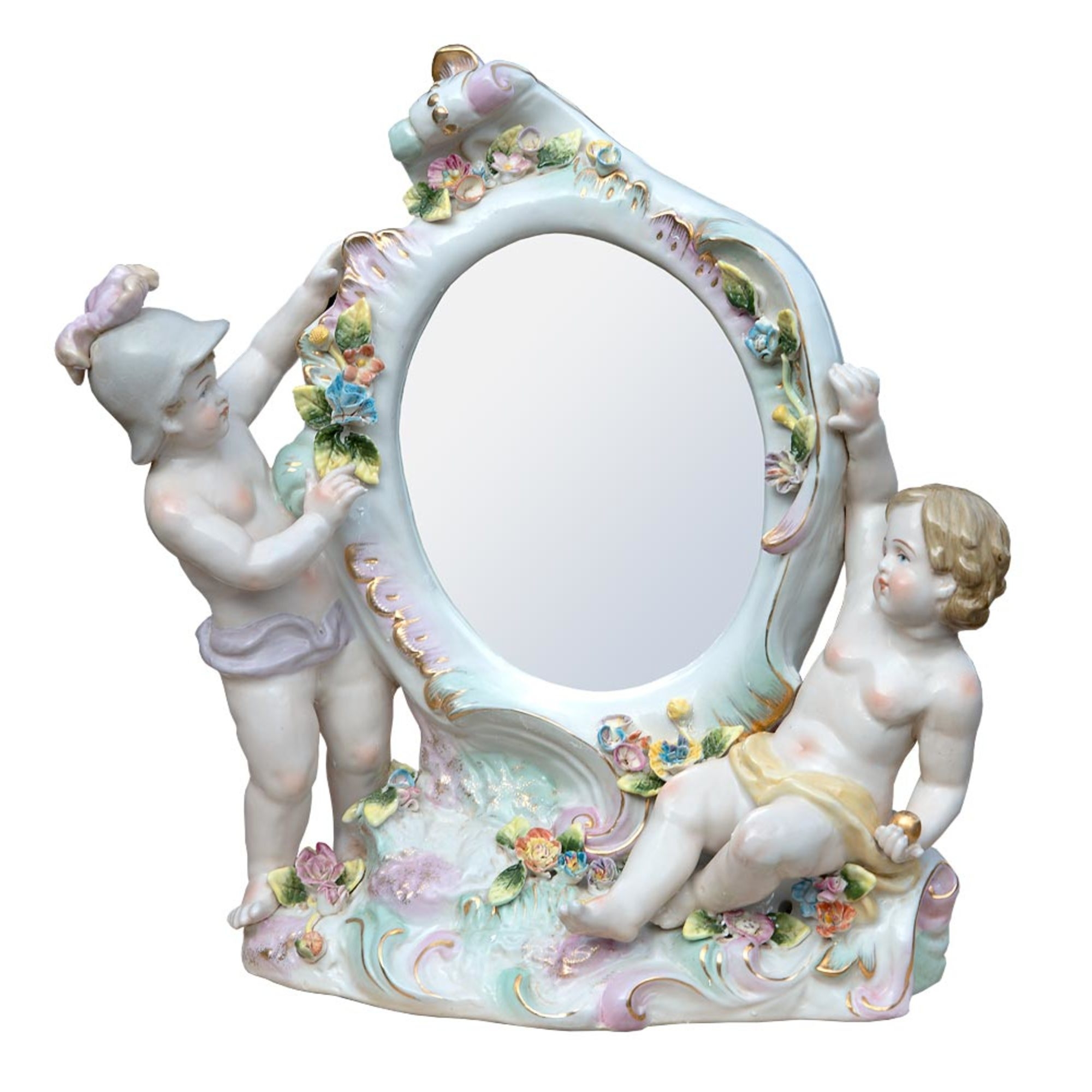 Floral Cherub Antique Style Ceramic Oval Decorative Table Mirror