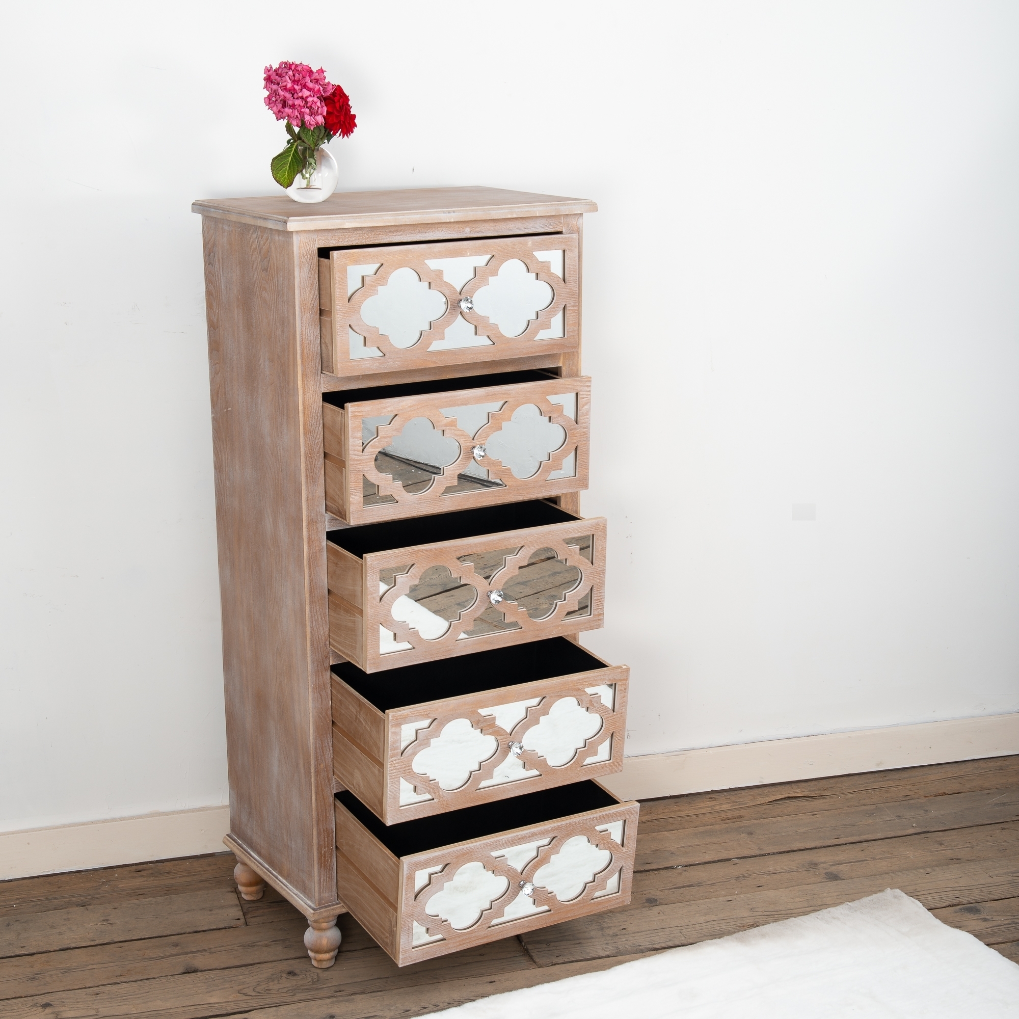 Wood Lattice Mirrored Tallboy Chest of Drawers