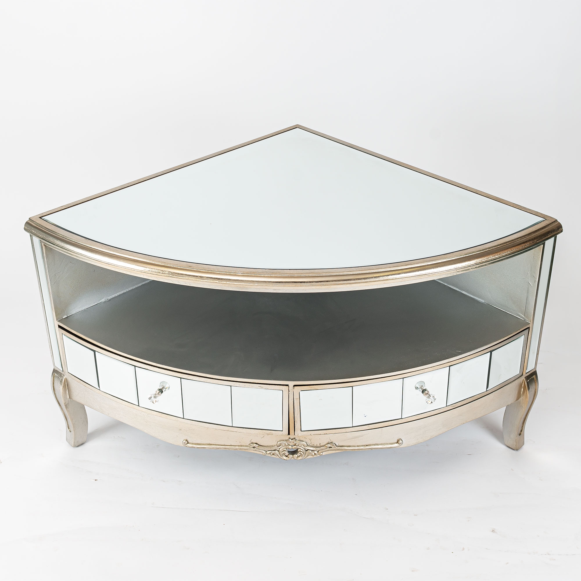 Annabelle Mirrored Corner TV Media Unit Champagne Silver Gilt Leaf